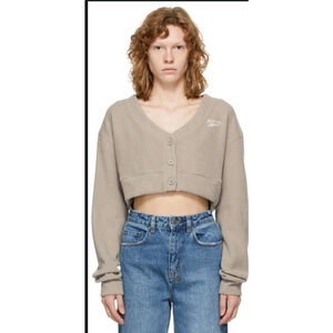 Reebok Cropped Cardigan Oatmeal Front Button Jersey Fabric Woman's Medium
